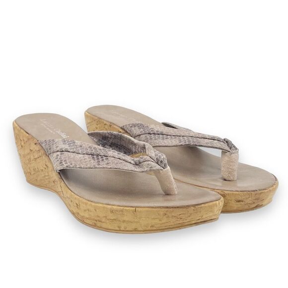 Lorenzo Chelini Taupe Faux Snakeskin Cork Wedge Sandal Thong Flip Flop Size 10 - Picture 7 of 16